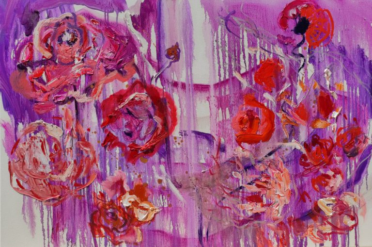 Abstract paintings with red roses on purple background by Tereza Zikovska